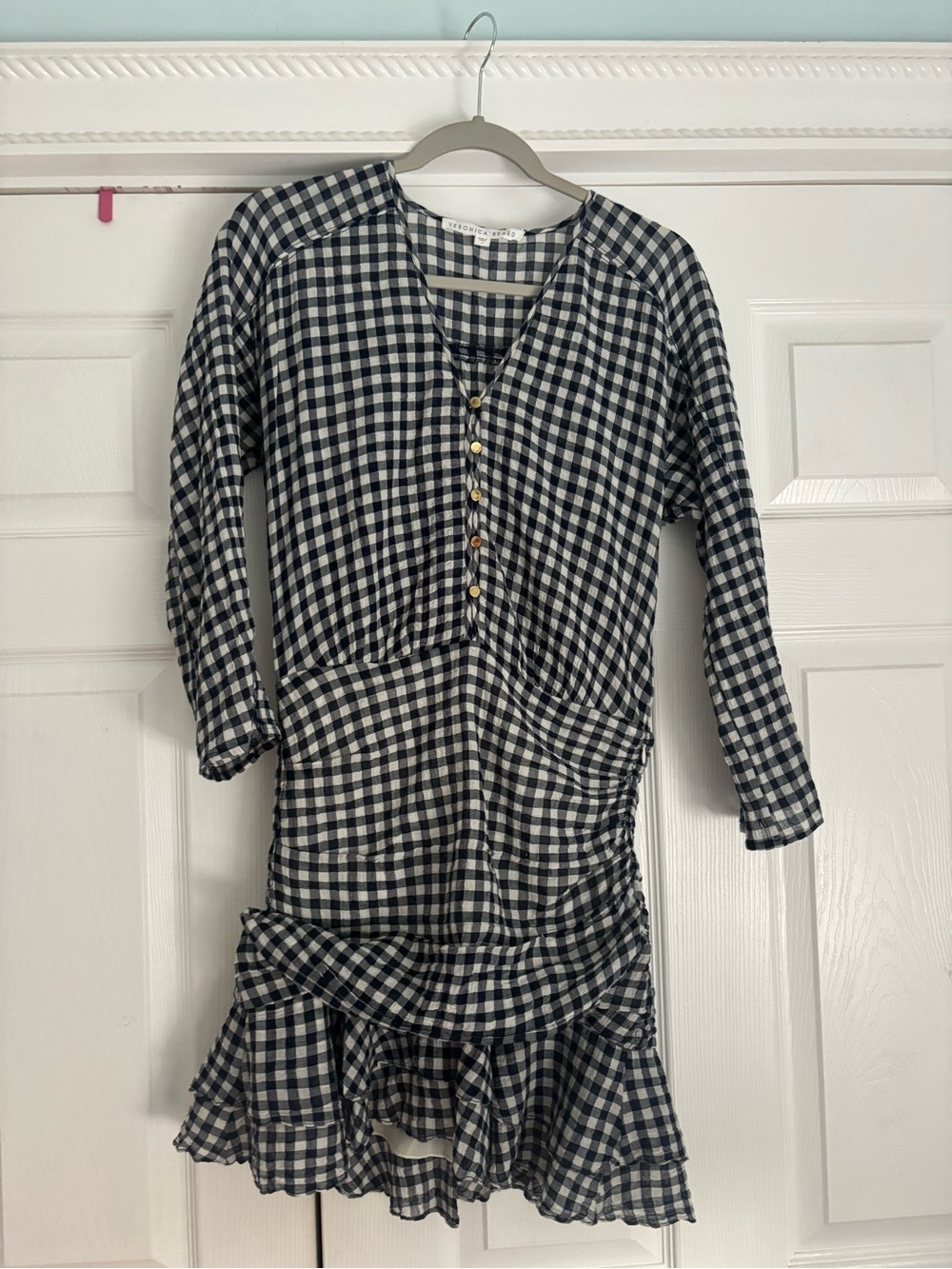 Veronica Beard Navy and White Gingham Ruffle Hem Dress - Picture 5 of 7